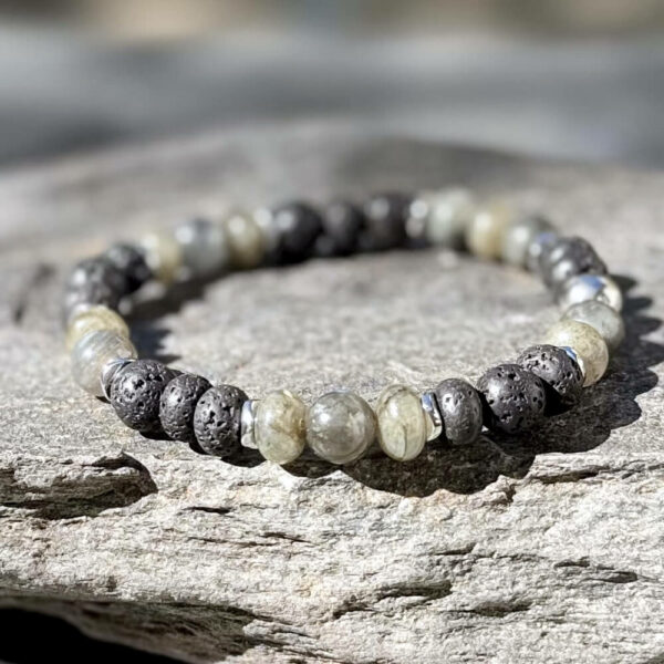 Bracelet en labradorite porté par un homme, bijou en pierre naturelle symbole de protection et de confiance.