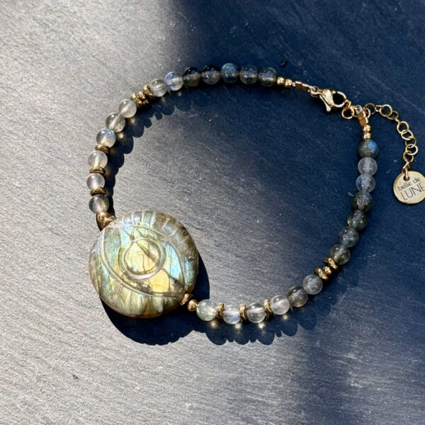 Bracelet en pierres naturelles de labradorite avec œil protecteur, symbole de purification énergétique et de protection quotidienne.