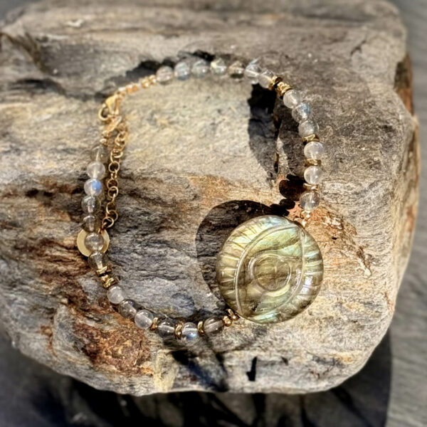 Bracelet en pierres naturelles de labradorite avec œil protecteur, symbole de purification énergétique et de protection quotidienne.