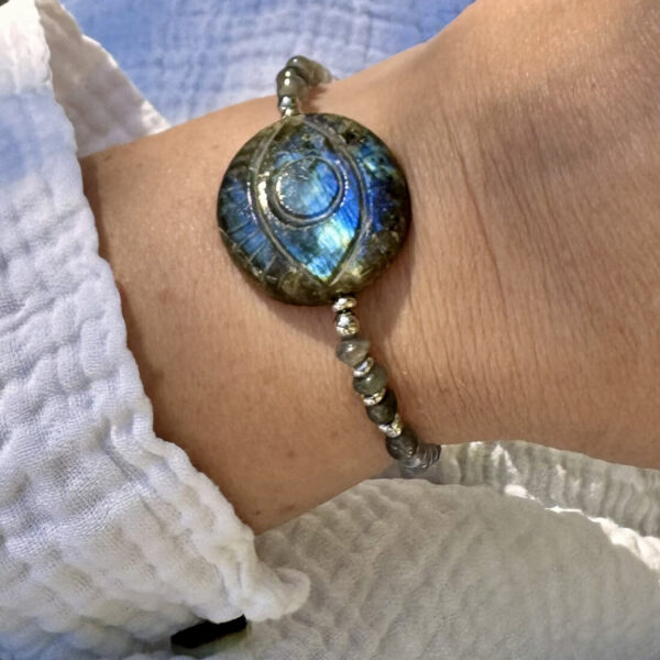 Bracelet en labradorite porté par une femme, œil protecteur visible, symbole de protection émotionnelle et d’équilibre intérieur.