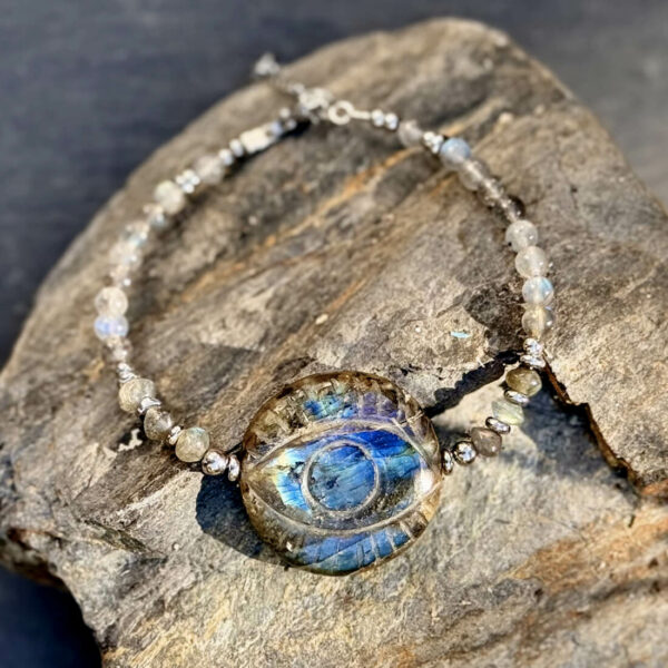 Bracelet en labradorite bleue, pierre d’intuition et de protection, avec œil protecteur visible au centre du bijou.