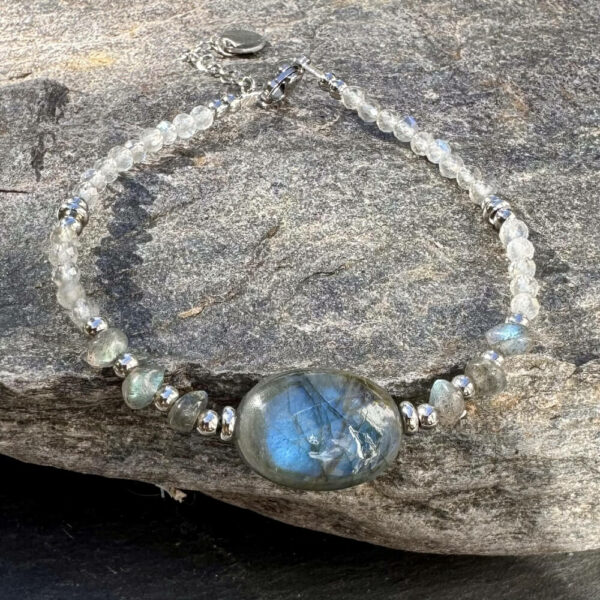 Reflets irisés d’un bracelet en labradorite naturelle.