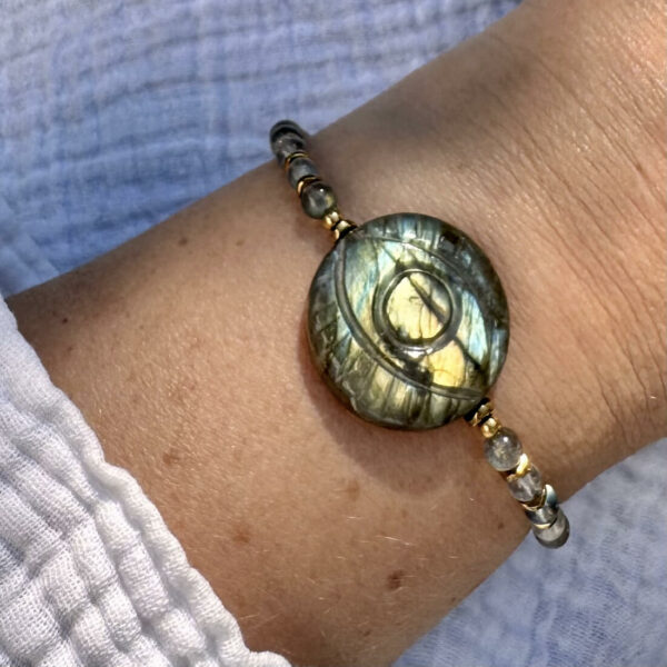 Bracelet en labradorite dorée porté au poignet d'une femme