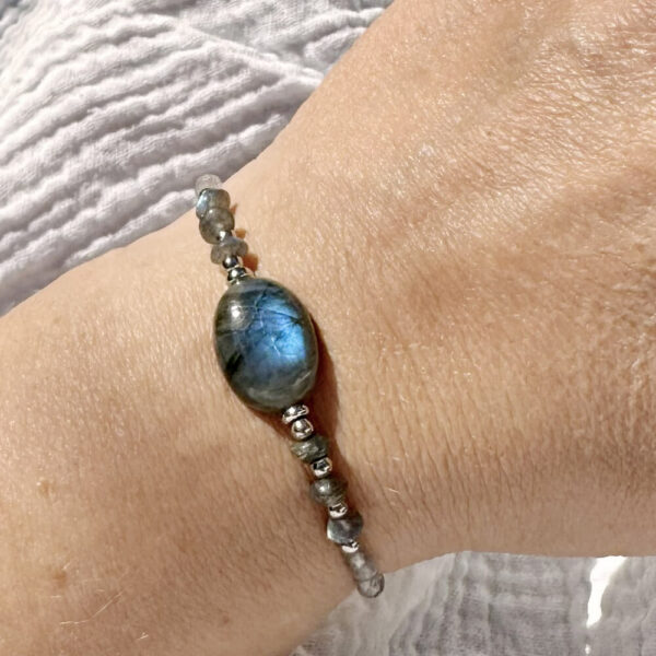 Détail des reflets bleus d’un bracelet en labradorite naturelle.