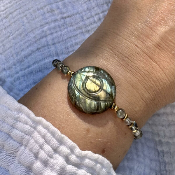 Bracelet en labradorite avec œil protecteur, conçu pour protéger des énergies négatives et favoriser l’intuition.