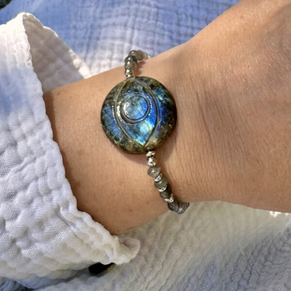 Bracelet en labradorite porté au poignet, vue latérale, soulignant la qualité des perles et l’effet protecteur de l’œil central.