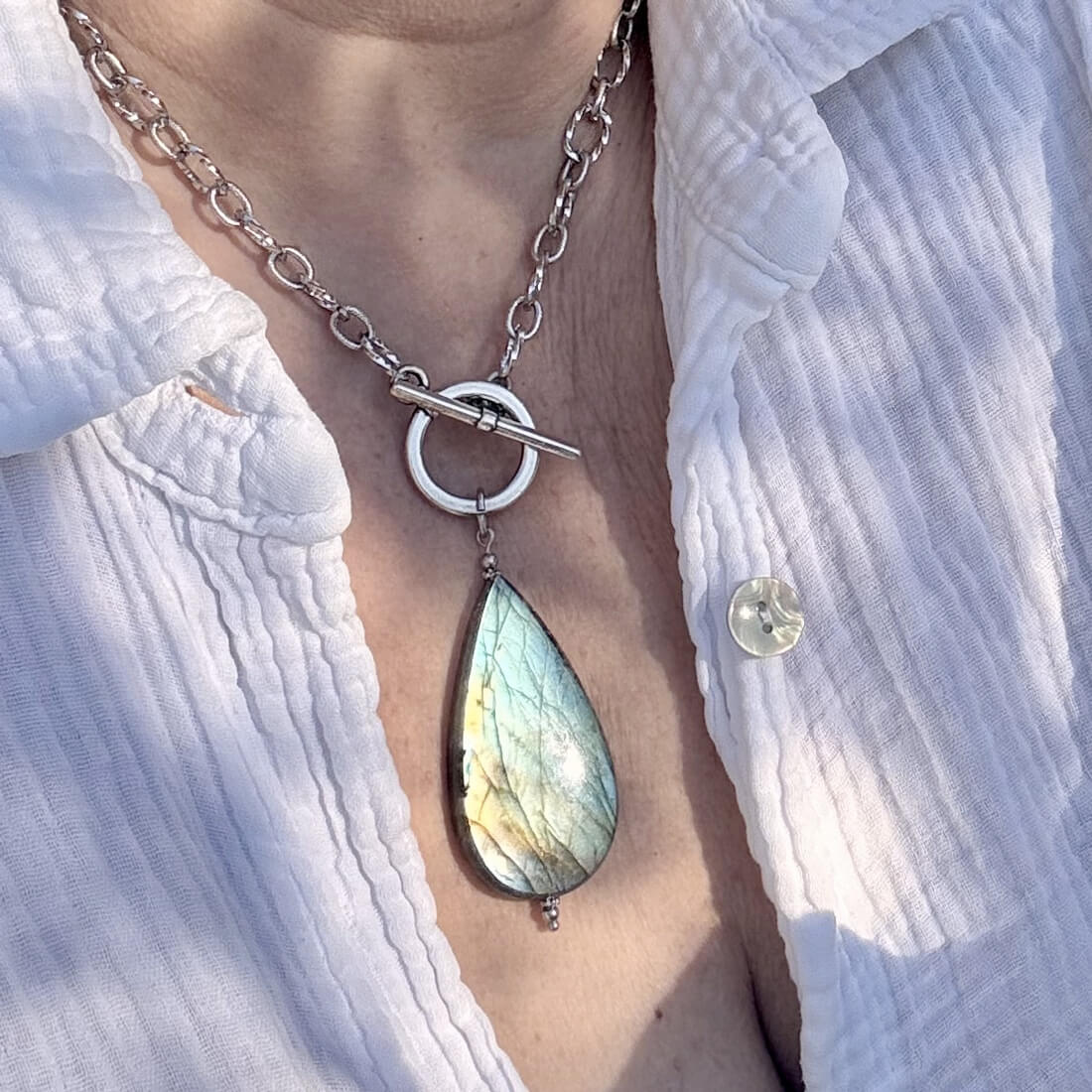 Collier en labradorite pour débutants en lithothérapie, facile à porter et efficace pour stimuler la protection énergétique.