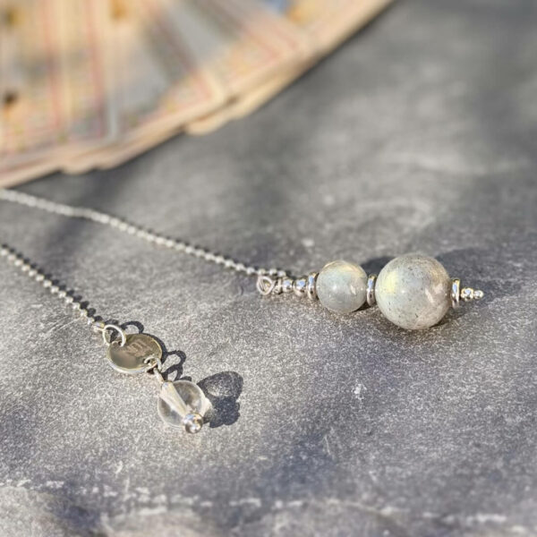 Pendule en labradorite agissant comme un bouclier énergétique et favorisant la clarté mentale.