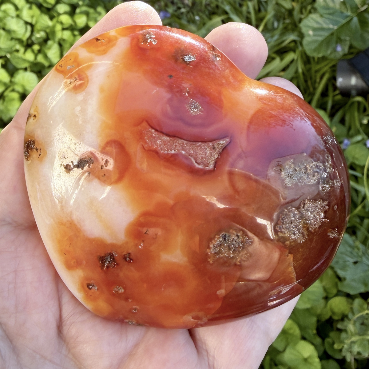 Coeur en cornaline naturelle tenu dans une main ouverte, face principale visible, photographié en extérieur sur fond de végétation verte. La taille généreuse de la pierre et ses teintes orangées et bordeaux sont bien visibles. Pierre de vitalité et de courage en lithothérapie.