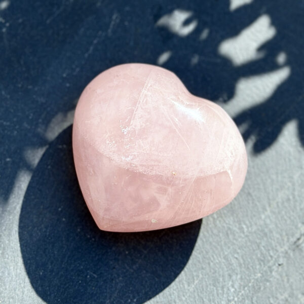 coeur-quartz-rose-naturel-fond-bleu-ombre-florale Coeur en quartz rose naturel poli posé sur un fond bleu ardoise, avec une ombre florale projetée en arrière-plan. Pierre de lithothérapie pour l'amour, la douceur et l'apaisement émotionnel. Idée cadeau femme sensible.