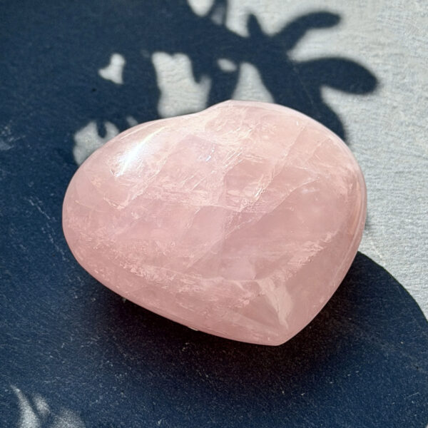 coeur-quartz-rose-pierre-naturelle-dessus-lumiere Vue du dessus d'un coeur en quartz rose naturel, éclairé par une lumière solaire douce sur fond bleu. Les inclusions naturelles de la pierre sont parfaitement visibles. Pierre de lithothérapie pour l'équilibre du chakra du coeur.