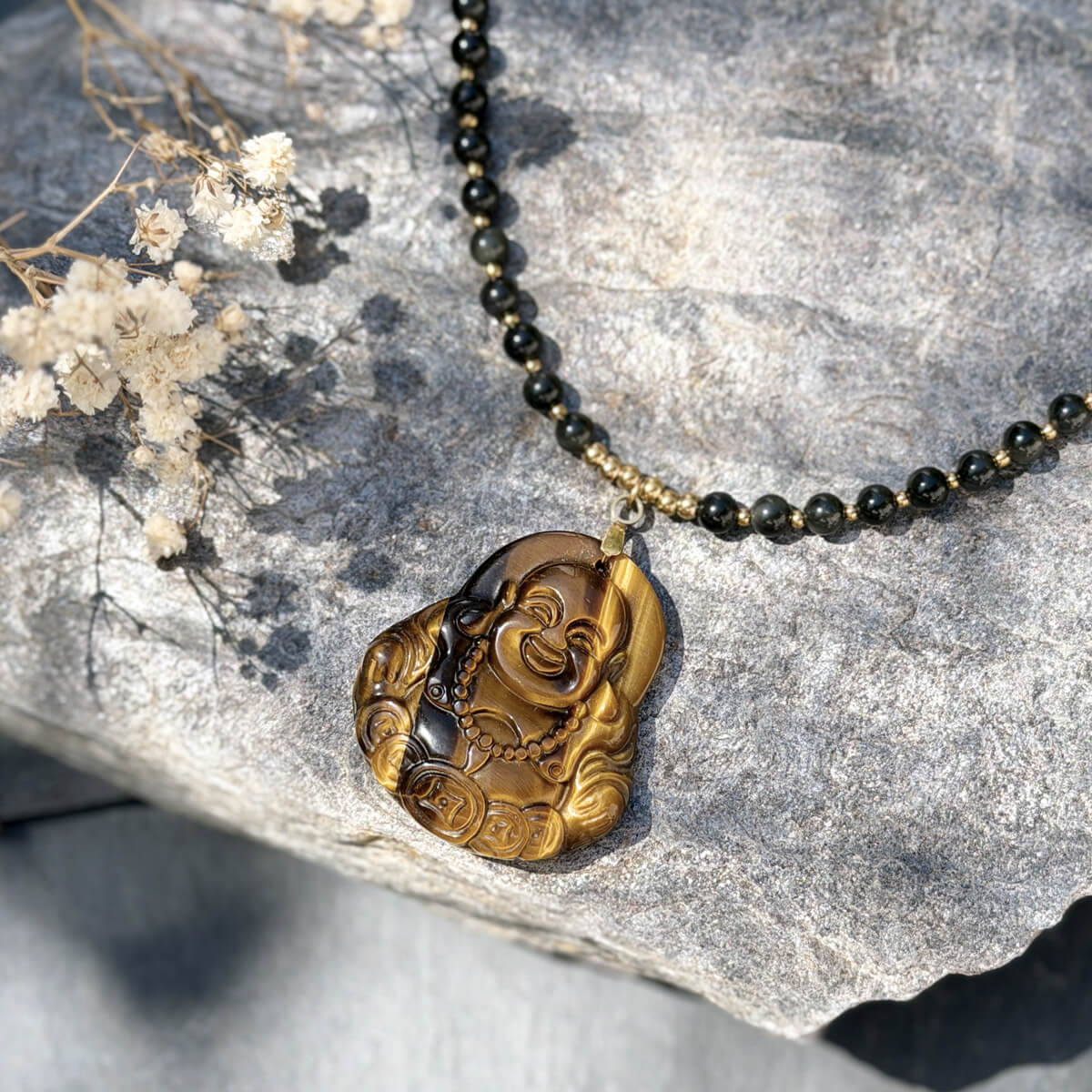 collier en oeil de tigre et obsidienne-celeste avec bouddha pour femme-belle de lune