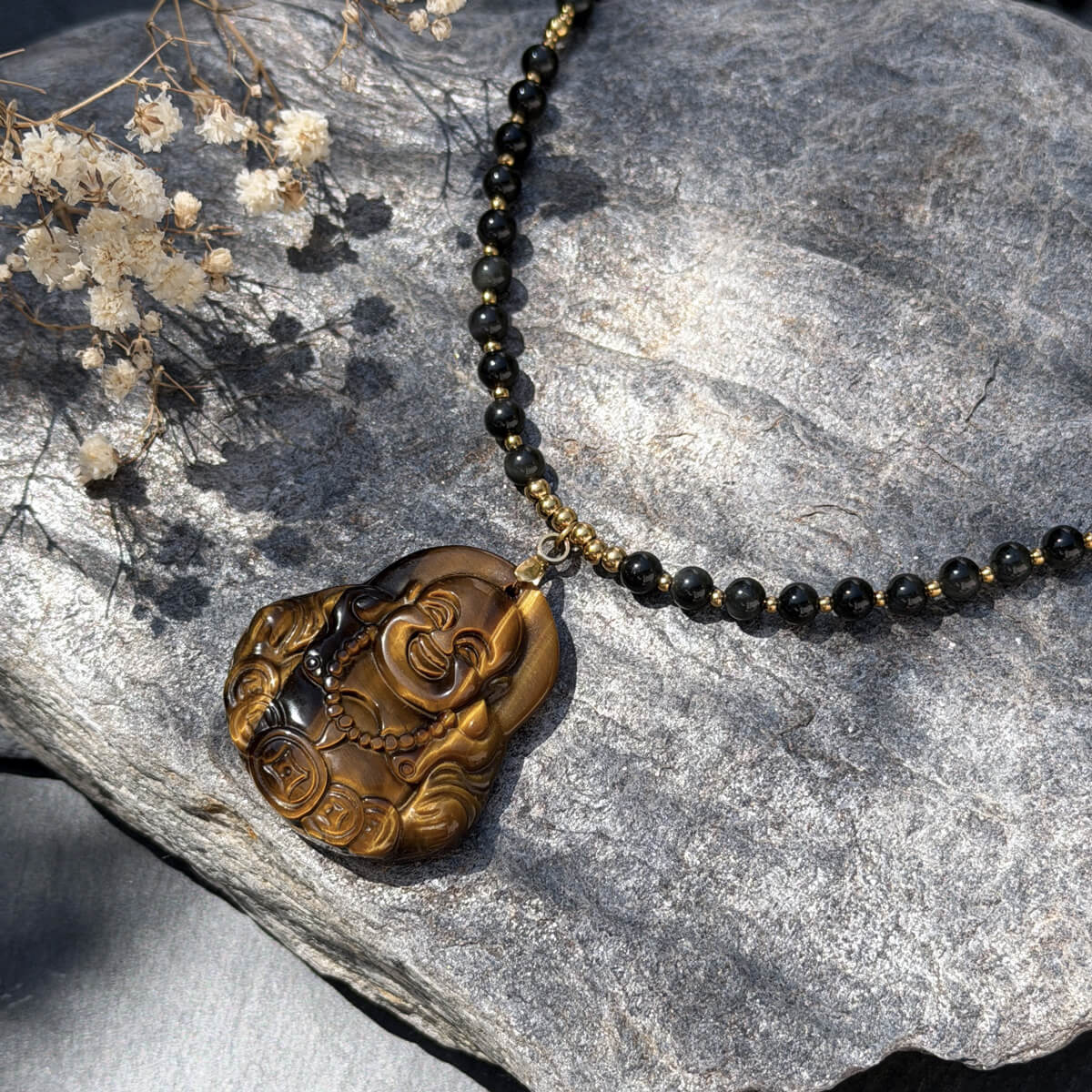 collier en oeil de tigre et obsidienne-celeste avec bouddha pour femme-belle de lune