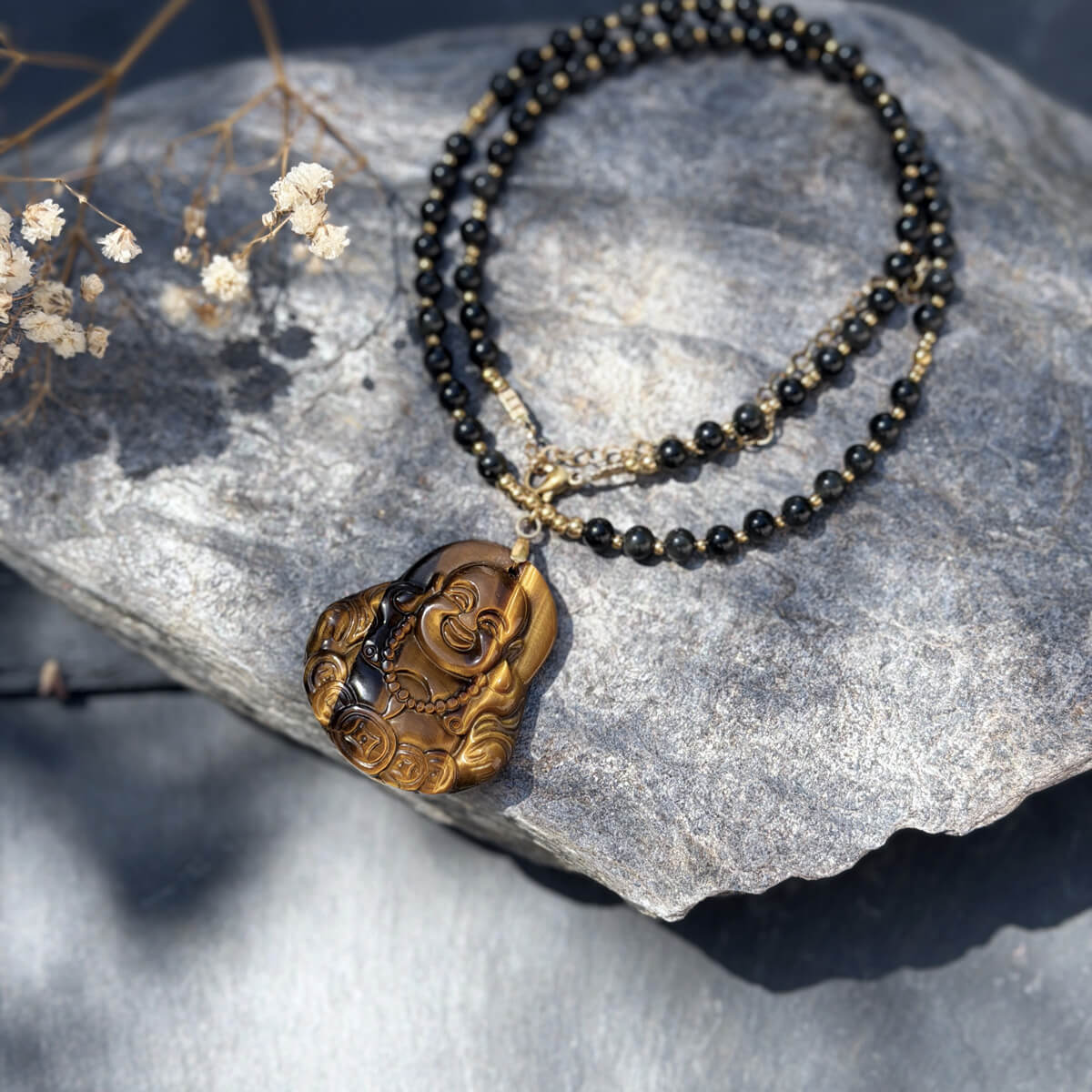 collier en oeil de tigre et obsidienne-celeste avec bouddha pour femme-belle de lune