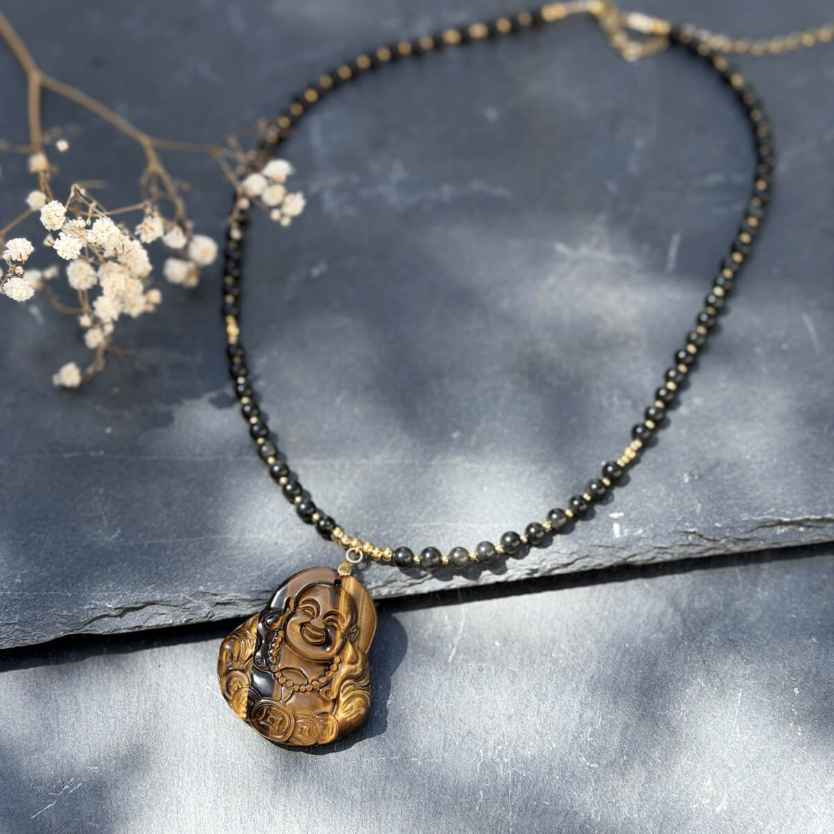 collier en oeil de tigre et obsidienne-celeste avec bouddha pour femme-belle de lune