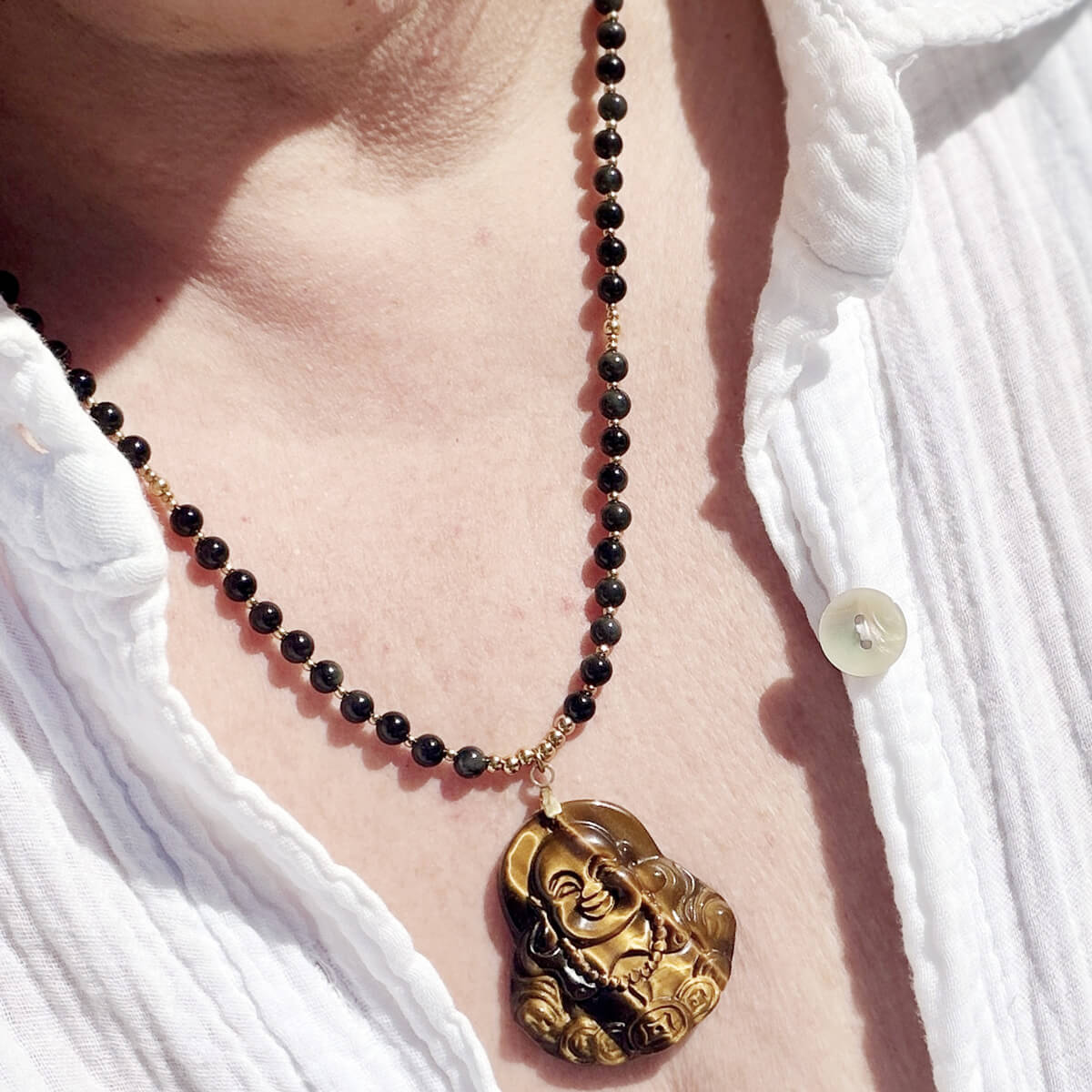 collier en oeil de tigre et obsidienne-celeste avec bouddha pour femme-belle de lune