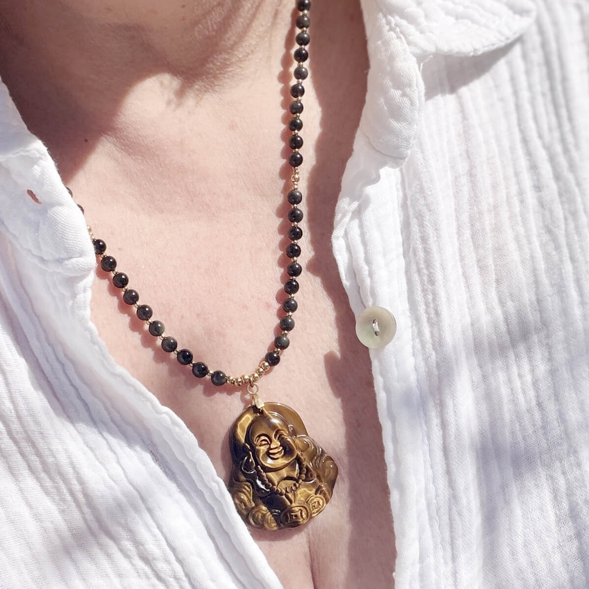 collier en oeil de tigre et obsidienne-celeste avec bouddha pour femme-belle de lune