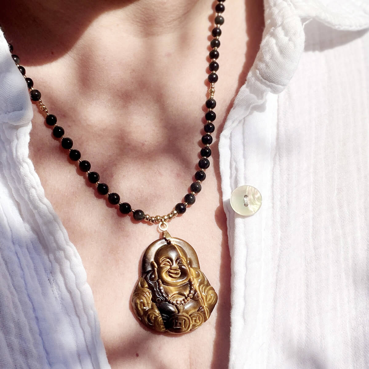 collier en oeil de tigre et obsidienne-celeste avec bouddha pour femme-belle de lune