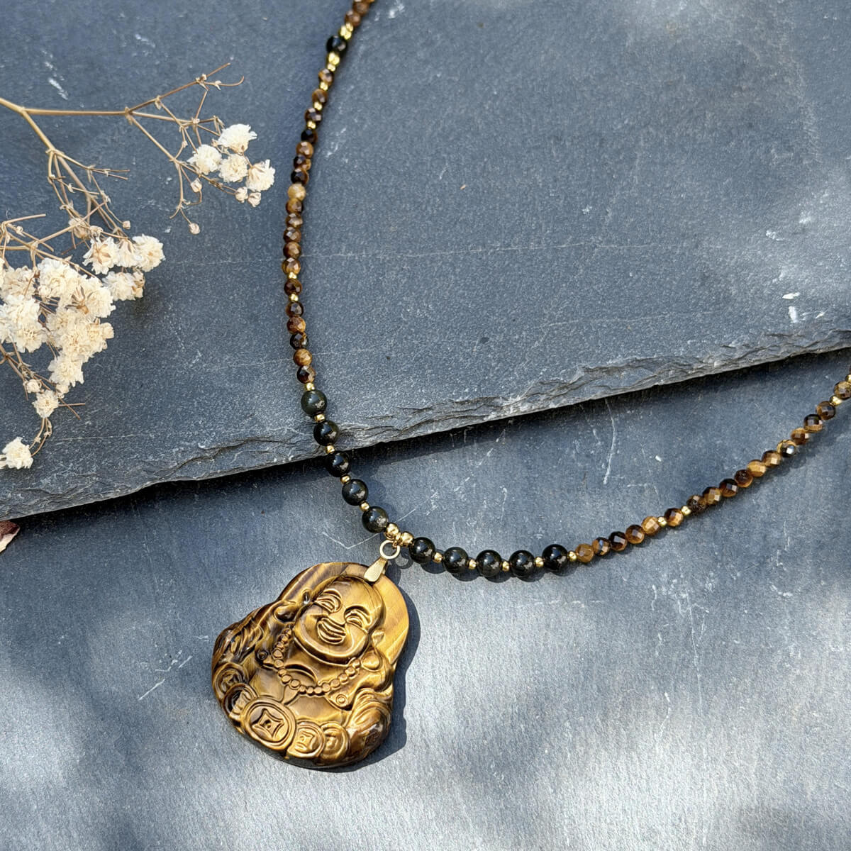 collier en oeil de tigre et obsidienne-celeste avec bouddha pour femme-belle de lune