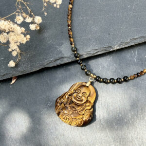 collier en oeil de tigre et obsidienne-celeste avec bouddha pour femme-belle de lune