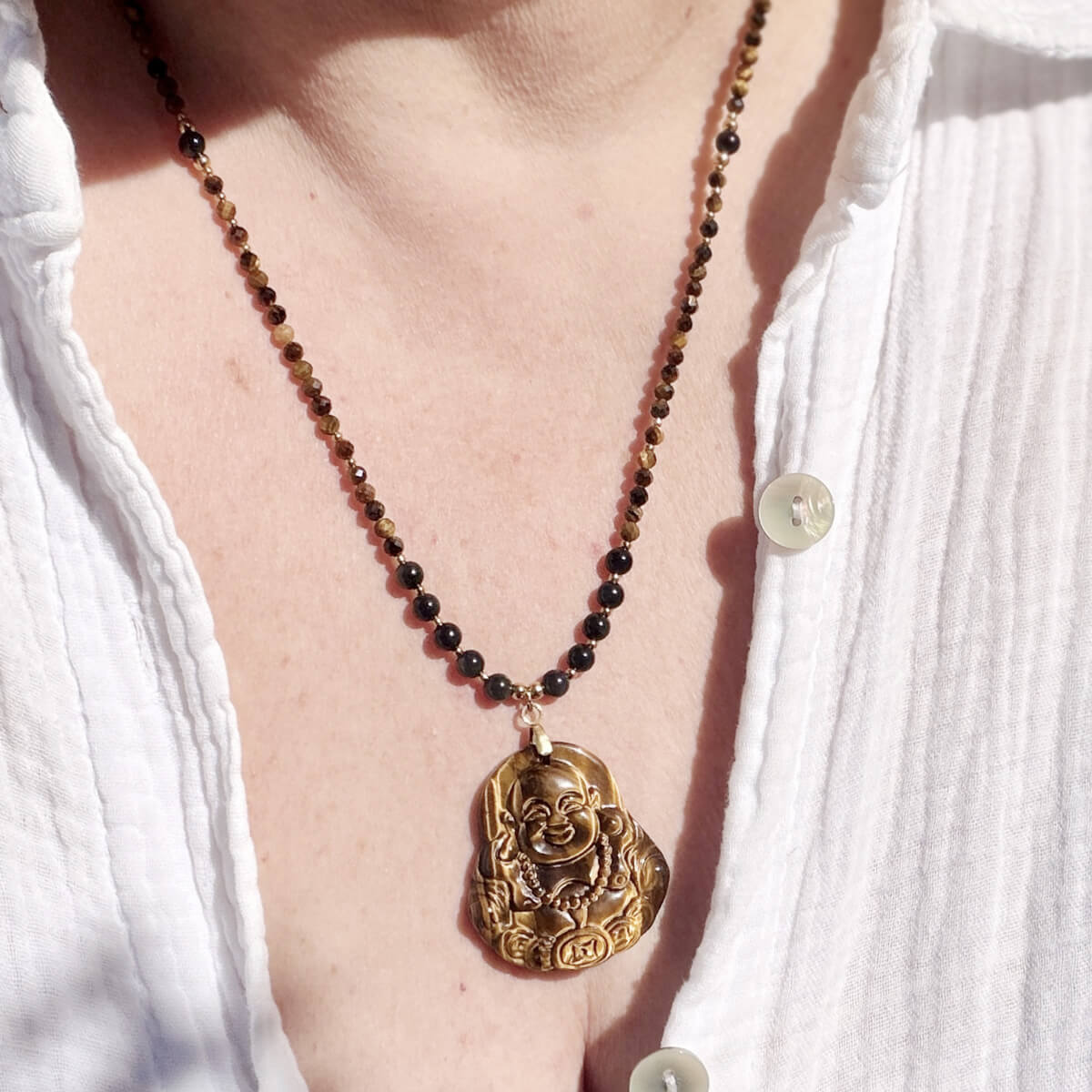 collier en oeil de tigre et obsidienne-celeste avec bouddha pour femme-belle de lune