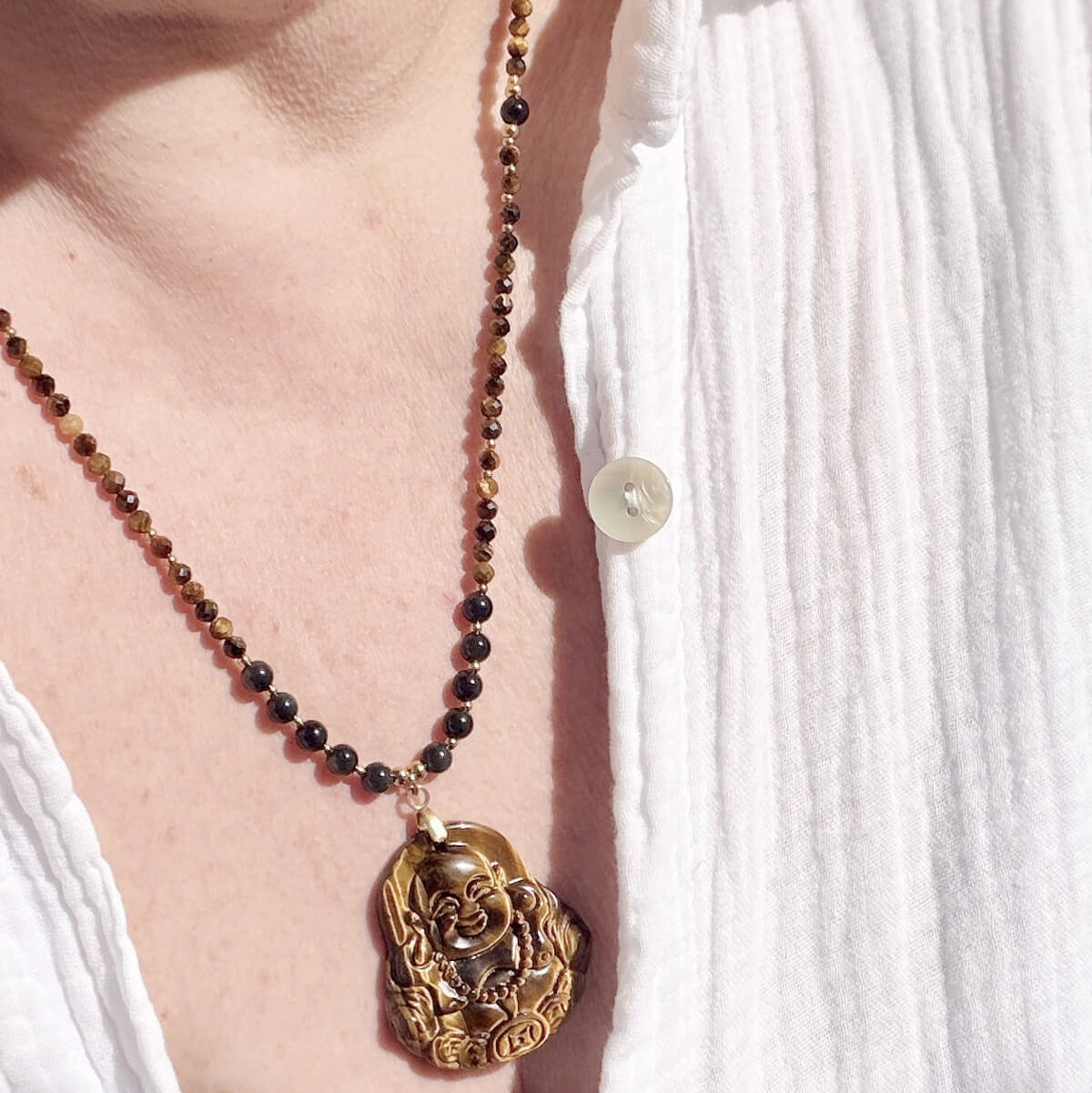 collier en oeil de tigre et obsidienne-celeste avec bouddha pour femme-belle de lune