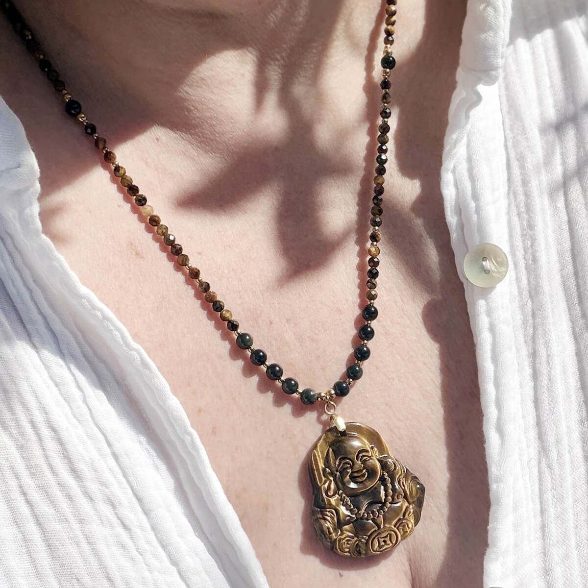 collier en oeil de tigre et obsidienne-celeste avec bouddha pour femme-belle de lune